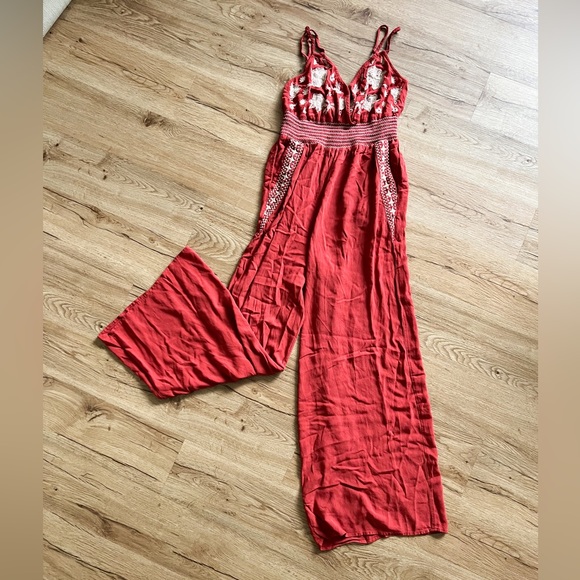 FINAL SALE American Eagle Boho Embroidered Rust Wide Leg Smocked Jumpsuit - Picture 7 of 8